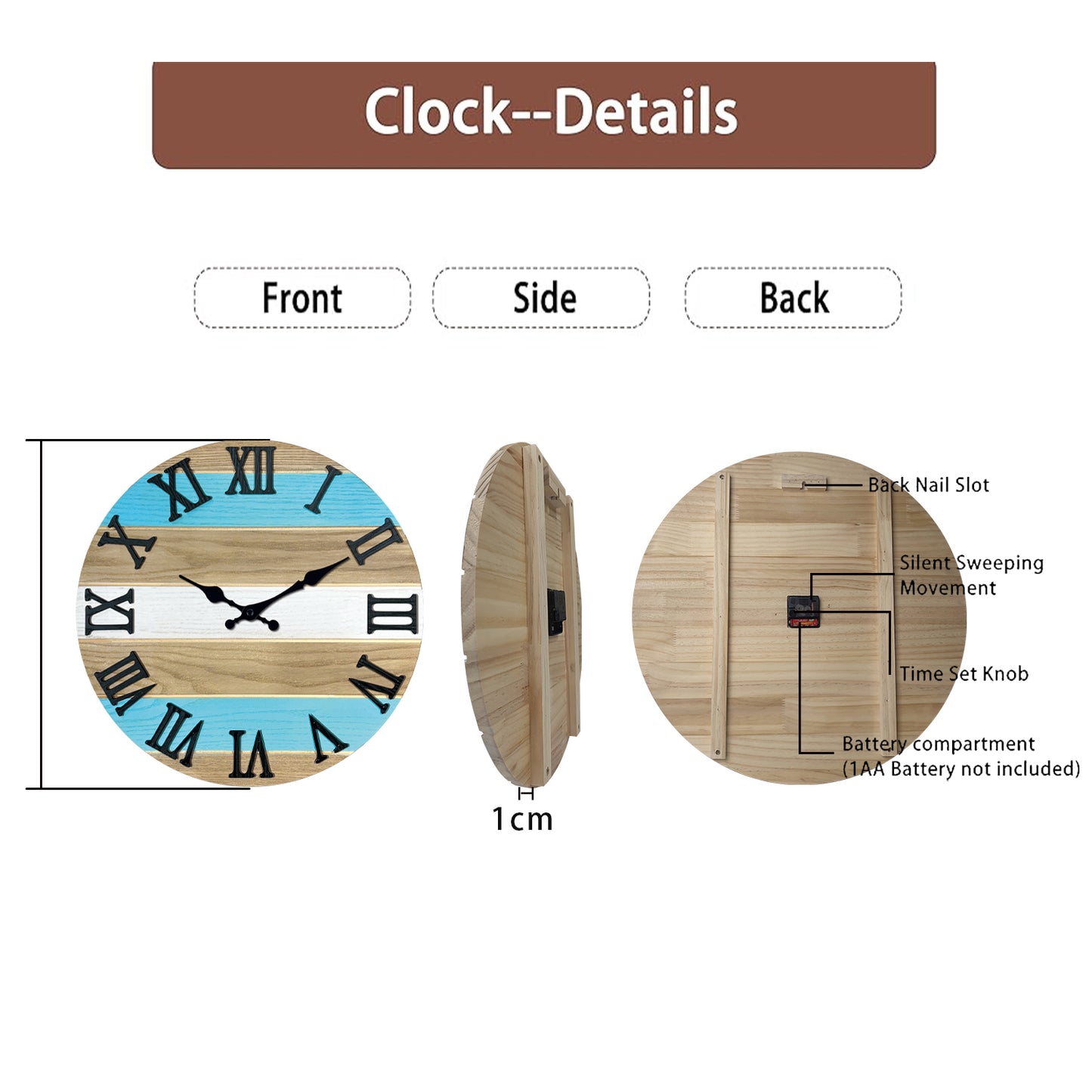 Constantplanet Wooden Wall Clock Silent Non-Ticking Movement Battery Operated Decorative Clock for Living Room, Bedroom, Kitchen