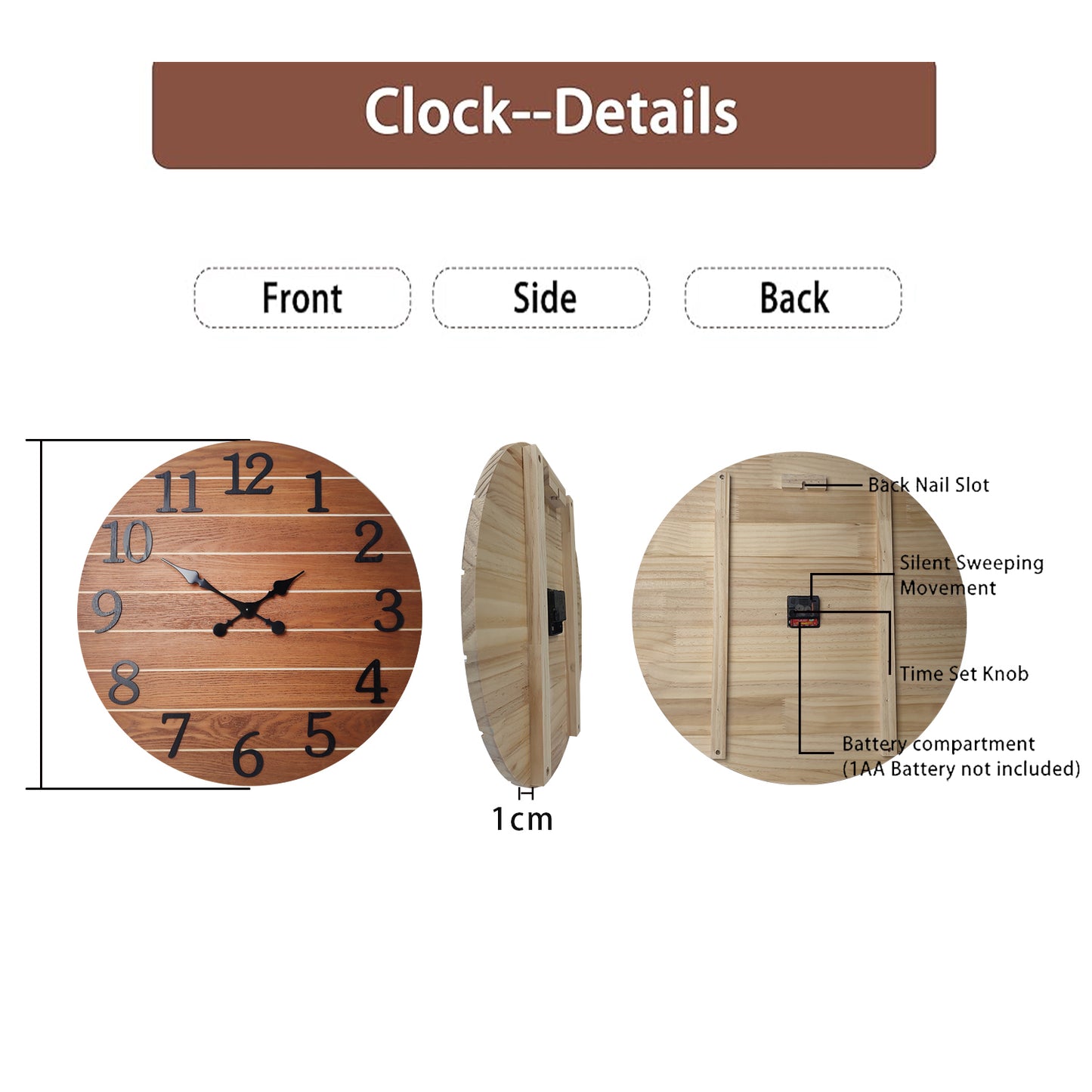 Constantplanet Wooden Wall Clock Silent Non-Ticking Movement Battery Operated Decorative Clock for Living Room, Bedroom, Kitchen