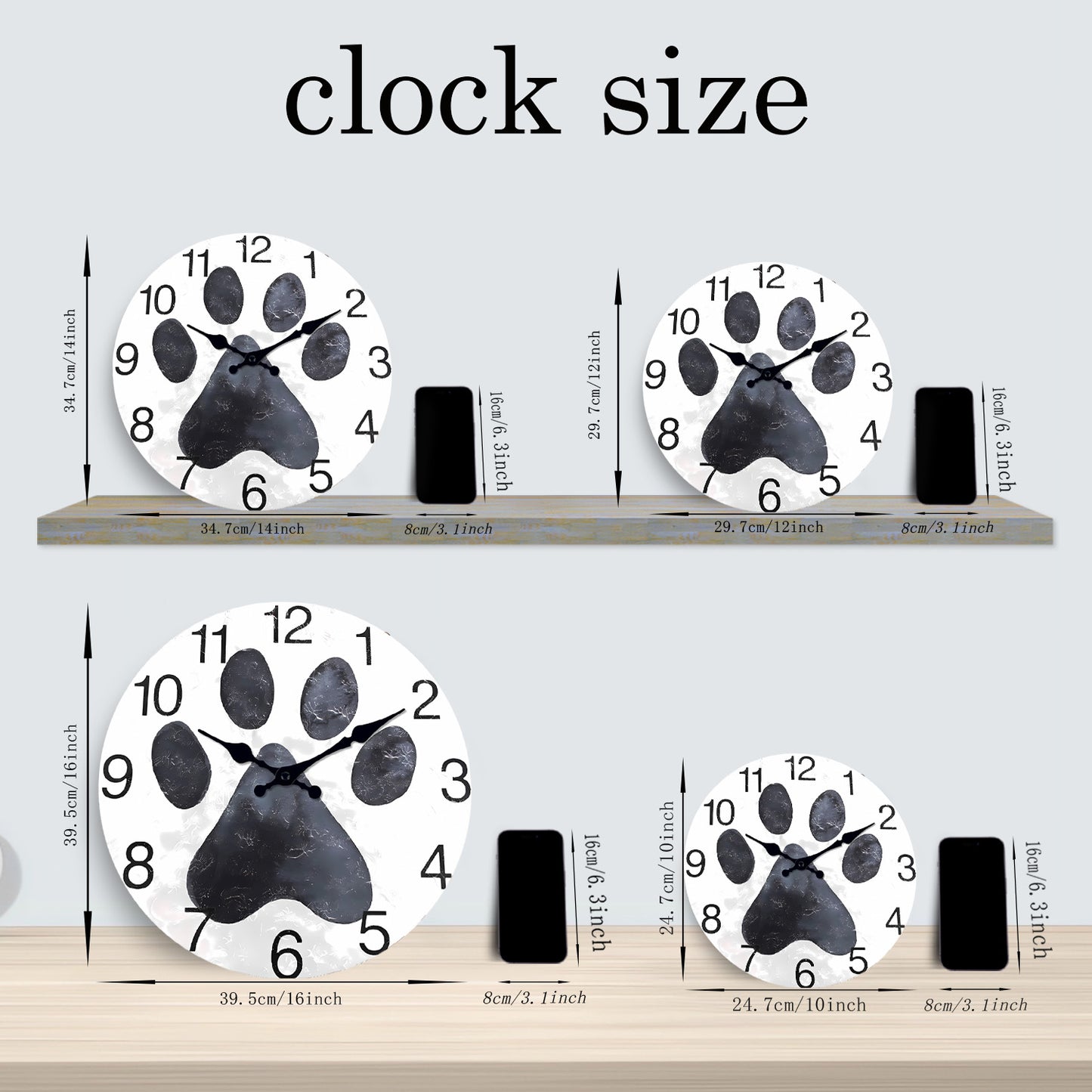 Black And White Pet Paw Prints MDF Wall Clock Battery Operated Non-ticking Cat Clocks Wall