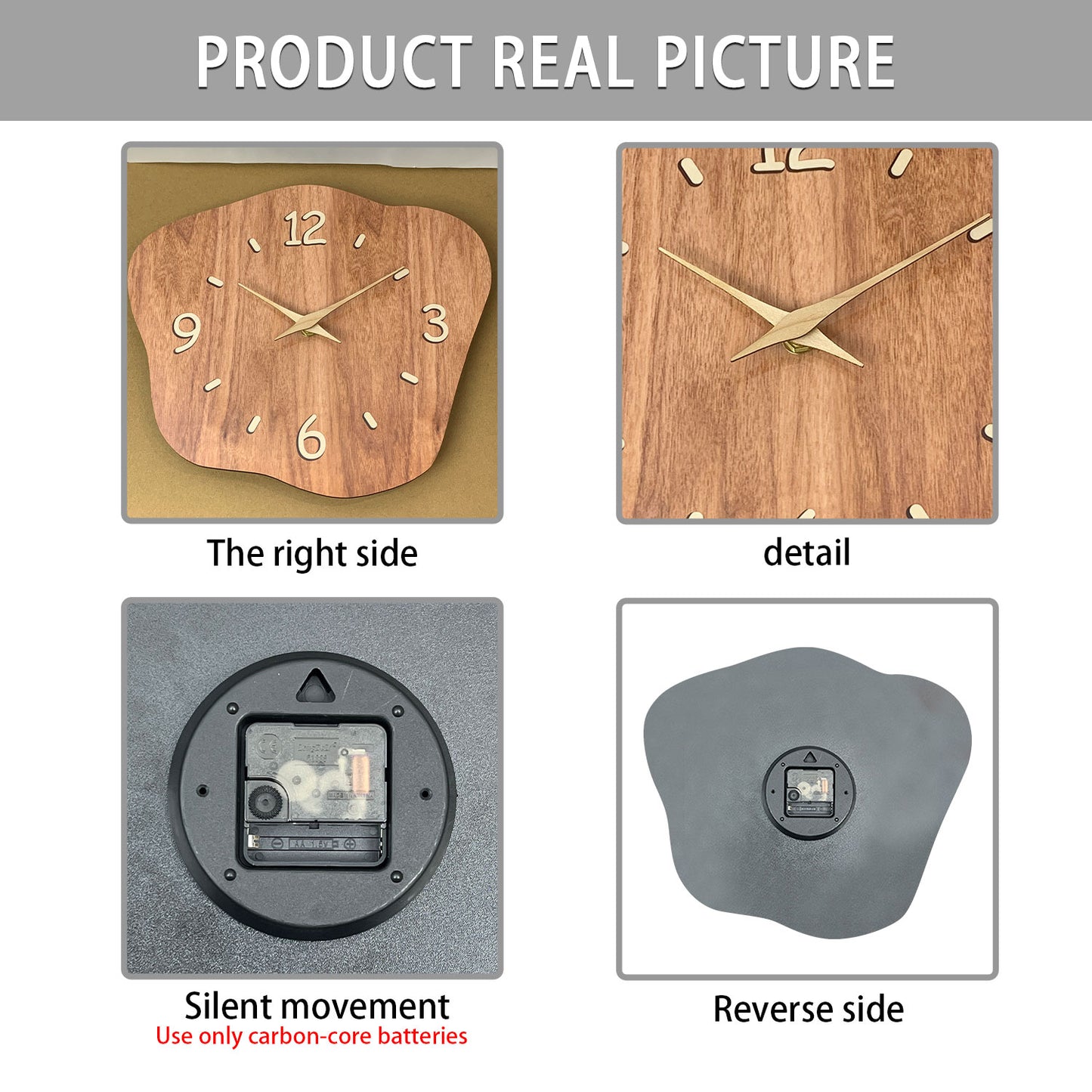 Irregular Wooden Silent Non-Ticking Wall Clock Battery Operated Asymmetrical Clock Wall Decoration for Living Room