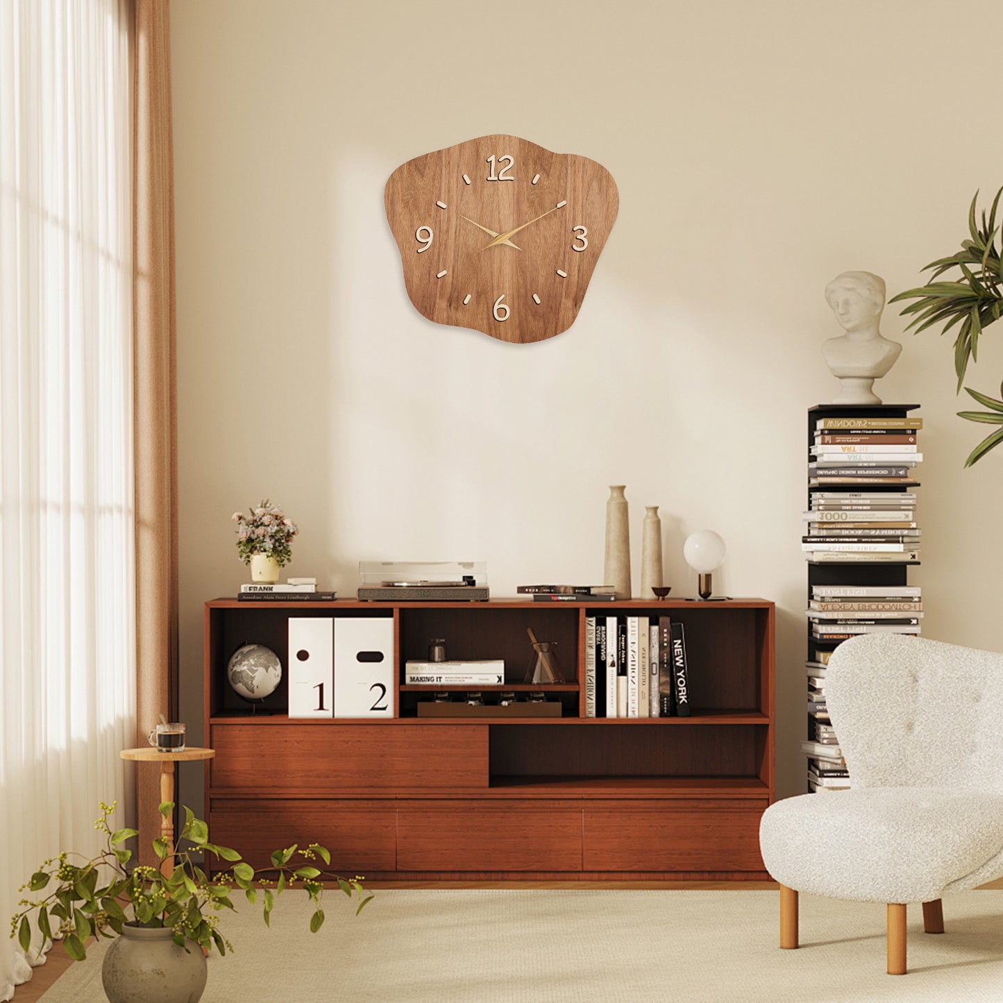 Irregular Wooden Silent Non-Ticking Wall Clock Battery Operated Asymmetrical Clock Wall Decoration for Living Room