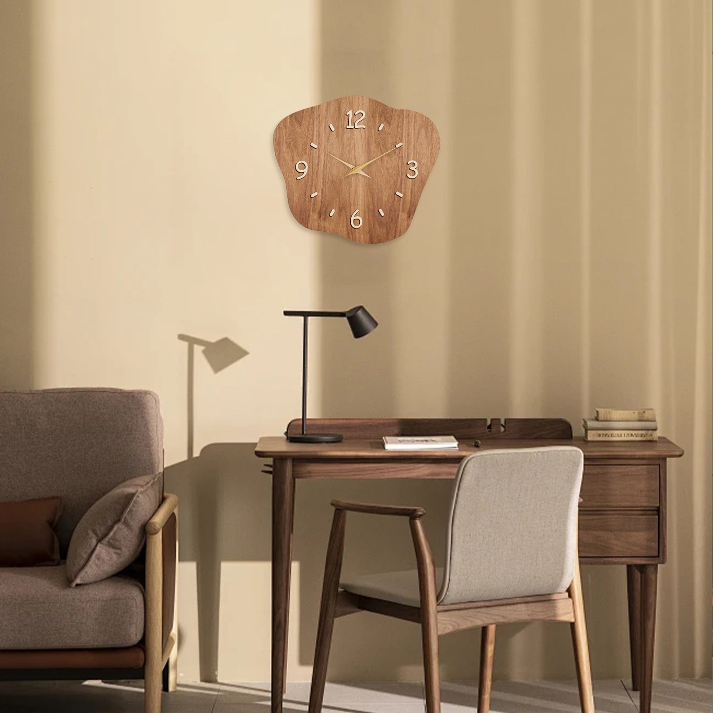 Irregular Wooden Silent Non-Ticking Wall Clock Battery Operated Asymmetrical Clock Wall Decoration for Living Room