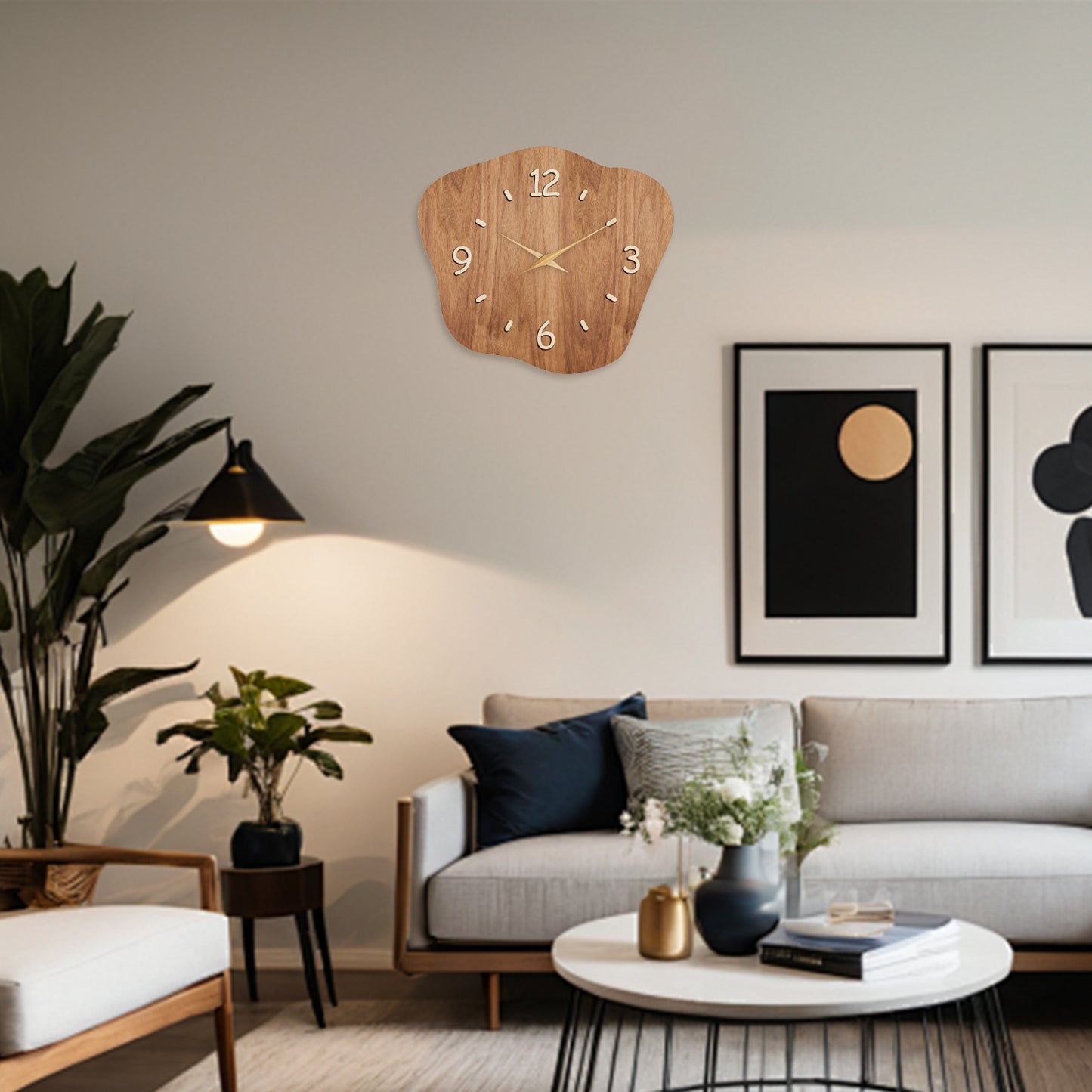 Irregular Wooden Silent Non-Ticking Wall Clock Battery Operated Asymmetrical Clock Wall Decoration for Living Room