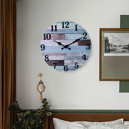 Sky Blue Clash Dark Curry Wood Texture Aged Wall Clock Non-Ticking Battery Operated