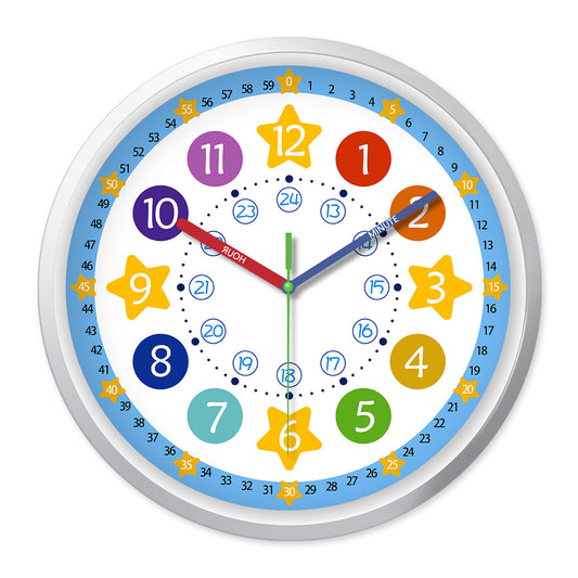 Learning Wall Clock 8 Inch –Time Teaching Non-Ticking Battery Operated Wall Clock for Classroom, Bedroom, School