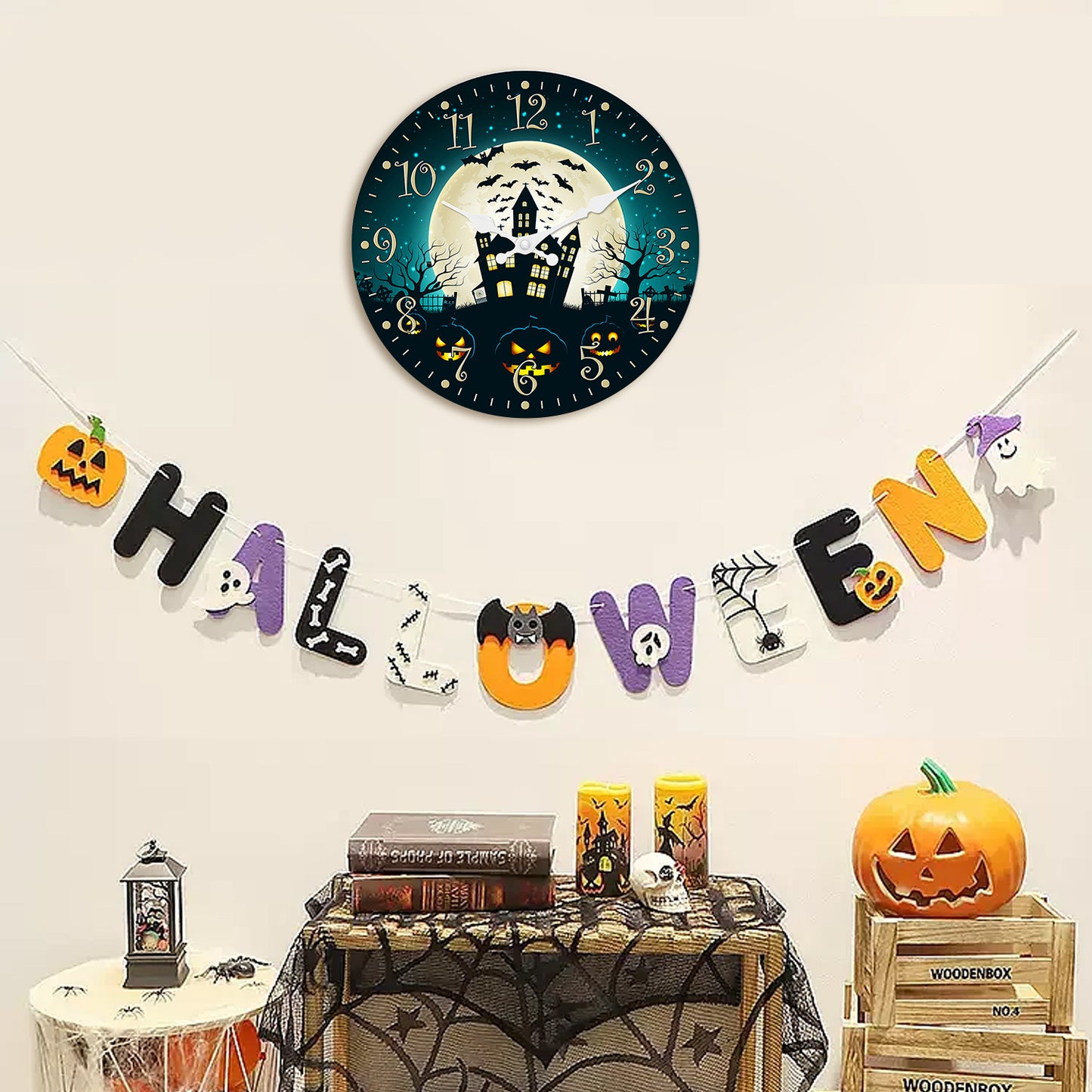 Halloween Night Wall Clock Fall Pumpkin Decor Clock Non Ticking Decorative for Bedroom Kitchen Living Room School
