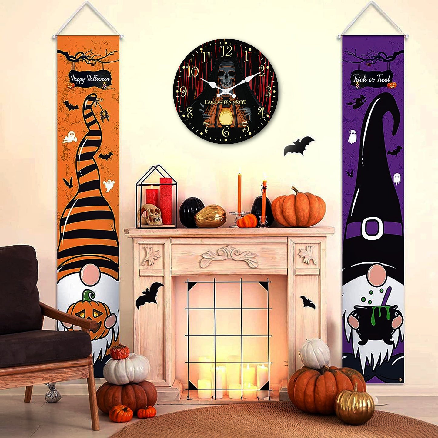 Halloween Night Wall Clock Gothic Wall Clock Non Ticking Decorative for Bedroom Kitchen Living Room School
