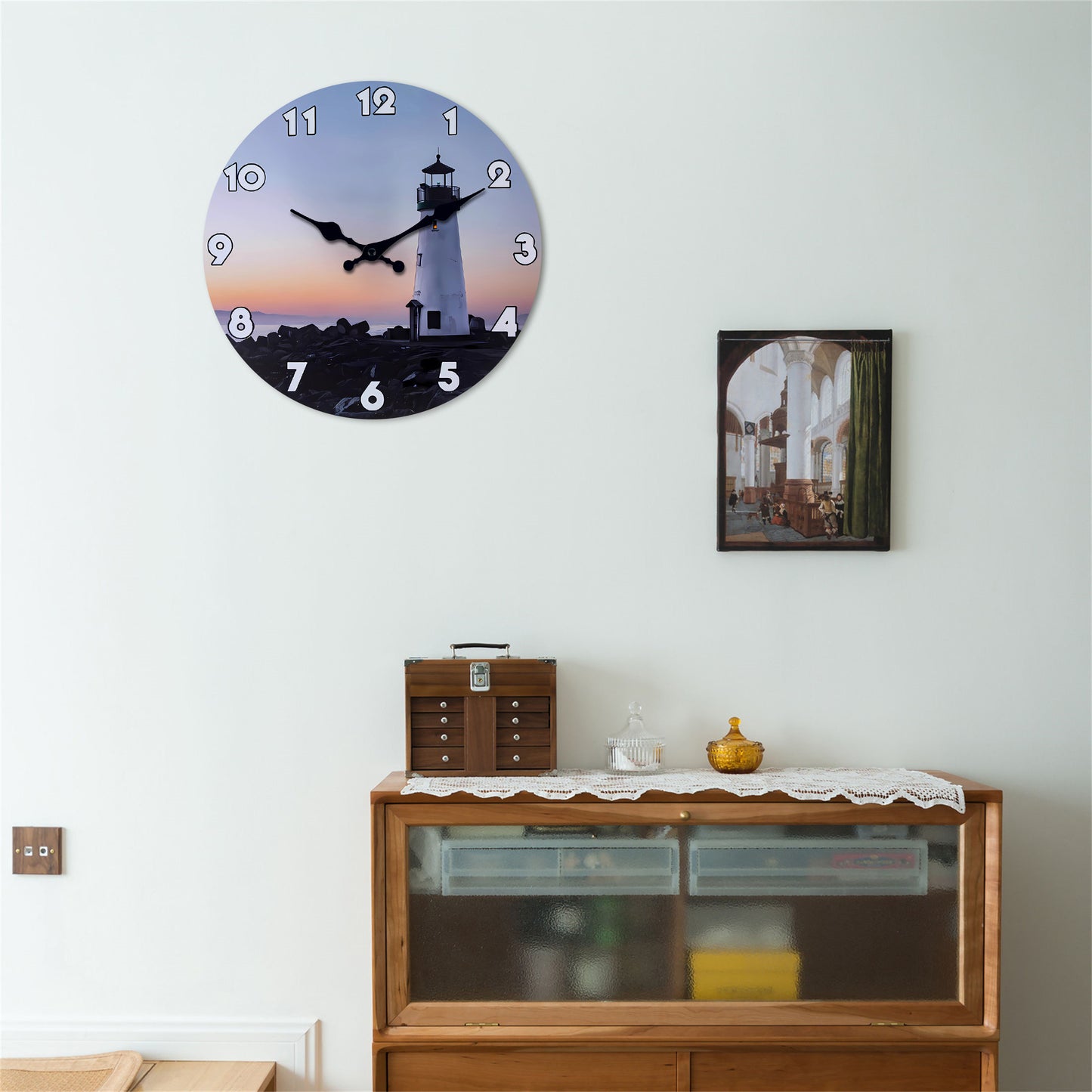 Beach Wall Clocks Battery Operated Non-Ticking Silent Wall Clock Analog Round Blue for Living Room Kitchen (No Solid Wood, it is with MDF Material)
