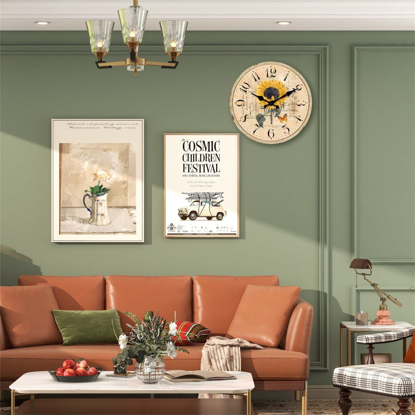 Floral Series Hand Drawn Sunflower MDF Plywood Wall Clock Non Ticking Battery Operated