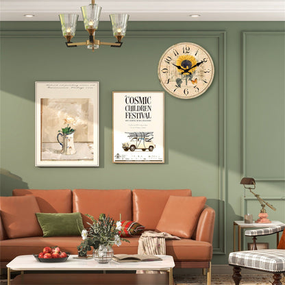 Floral Series Hand Drawn Sunflower MDF Plywood Wall Clock Non Ticking Battery Operated