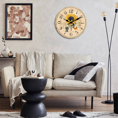 Floral Series Hand Drawn Sunflower MDF Plywood Wall Clock Non Ticking Battery Operated