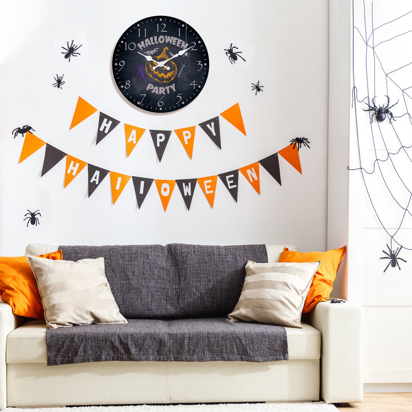 Halloween Wall Clock Pumpkin Party Decoration Clock Silent Non Ticking Battery Operated for Bedroom Kitchen Living Room School