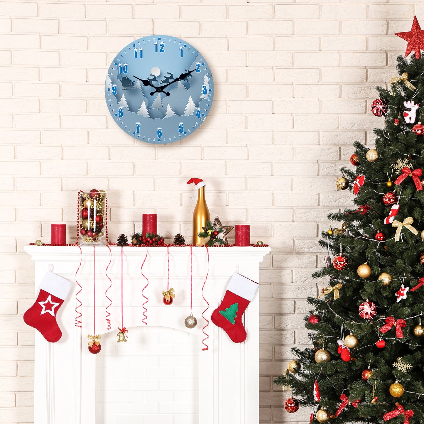 Christmas Snow Scene Reindeer Wall Clock Silent Non-Ticking Battery Operated Christmas Decorations Indoor Home Decor Clearance