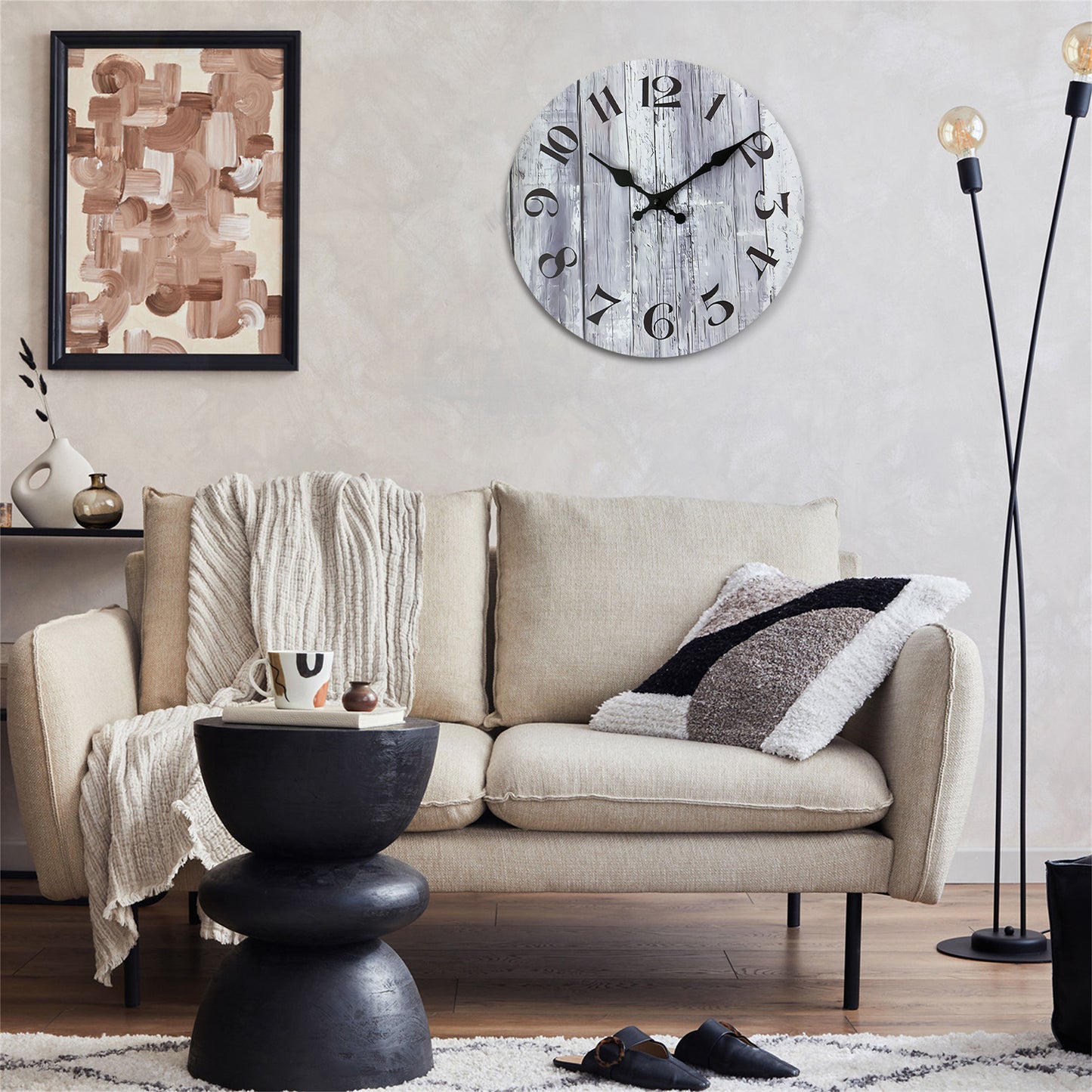 Rustic Gray Wood-Style Wall Clock Quartz Wood MDF  Wall Clock Battery Operated Non-ticking Clocks Wall