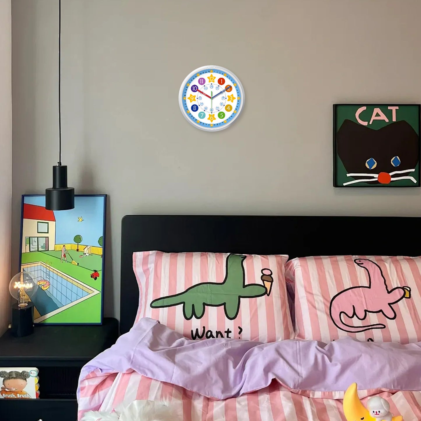 Learning Wall Clock 8 Inch –Time Teaching Non-Ticking Battery Operated Wall Clock for Classroom, Bedroom, School