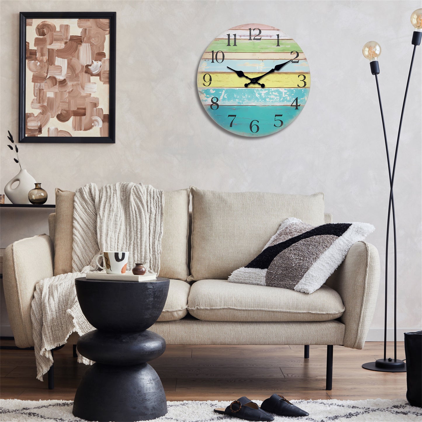 Colorful gradient stripe wall clock Clock Quartz Wood MDF  Wall Clock Battery Operated Non-ticking Clocks Wall