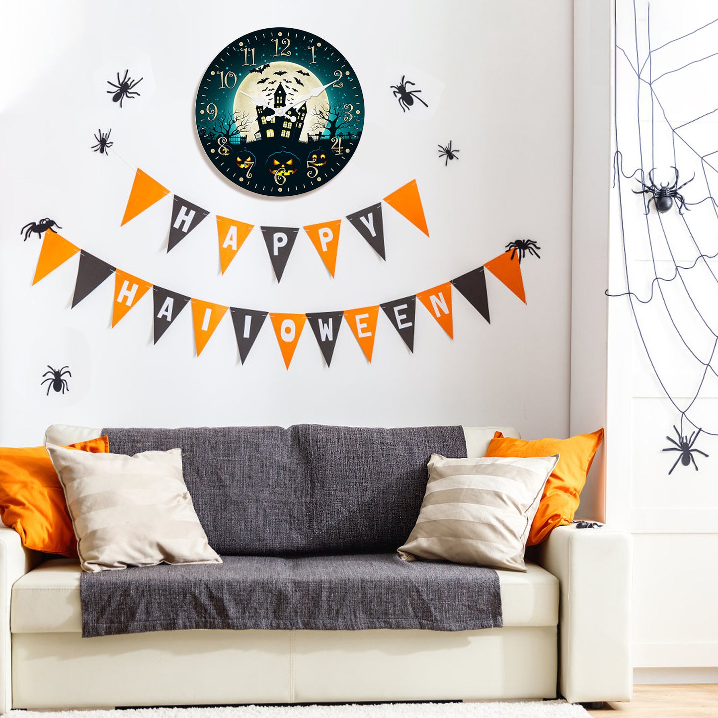 Halloween Night Wall Clock Fall Pumpkin Decor Clock Non Ticking Decorative for Bedroom Kitchen Living Room School