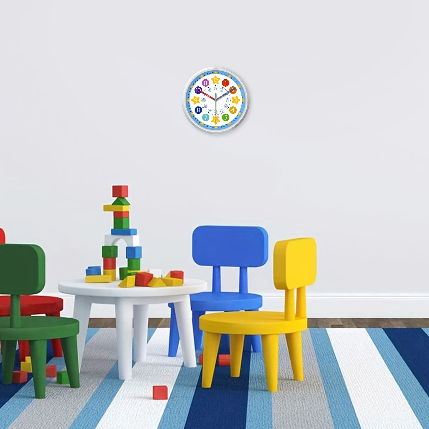 Learning Wall Clock 8 Inch –Time Teaching Non-Ticking Battery Operated Wall Clock for Classroom, Bedroom, School