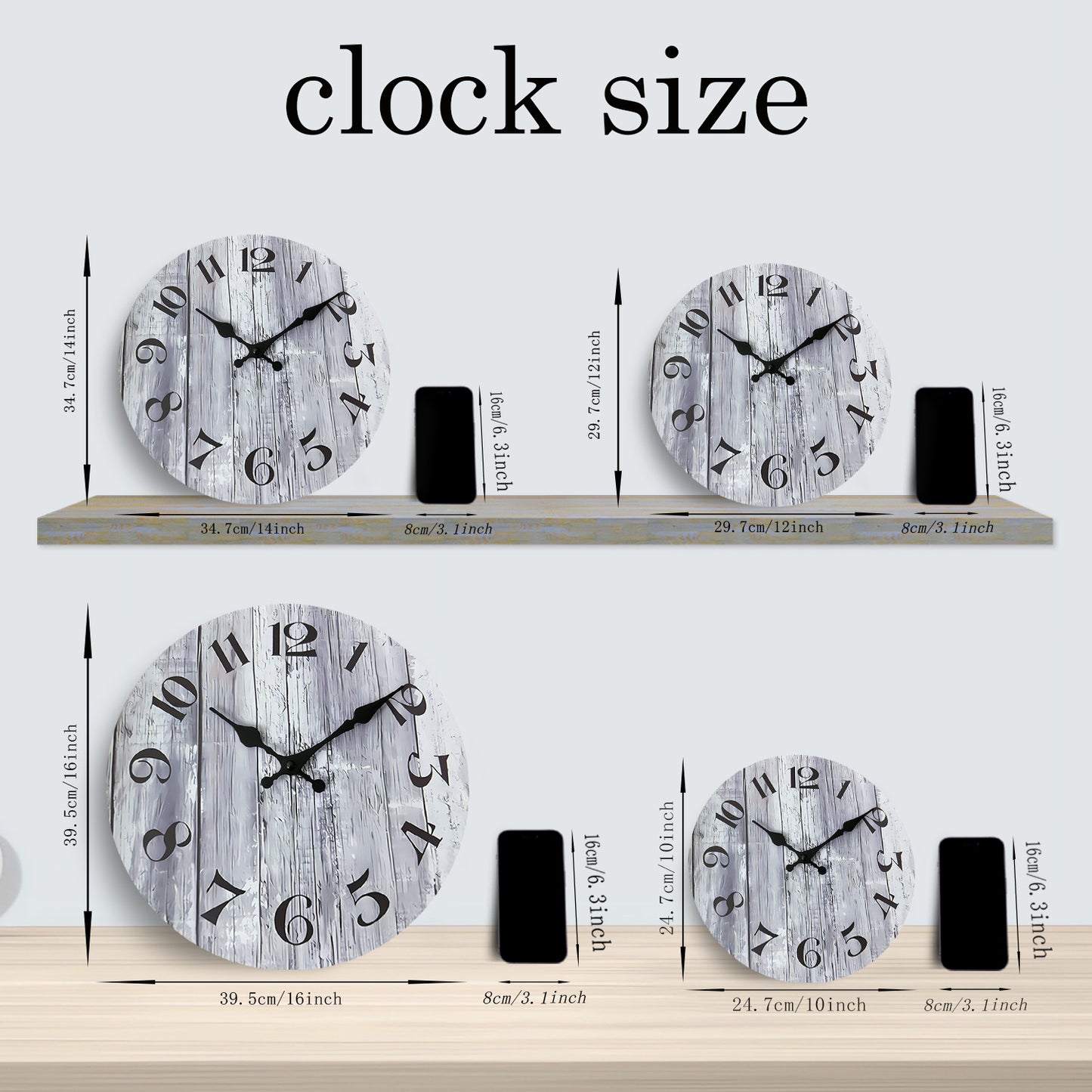 Rustic Gray Wood-Style Wall Clock Quartz Wood MDF  Wall Clock Battery Operated Non-ticking Clocks Wall