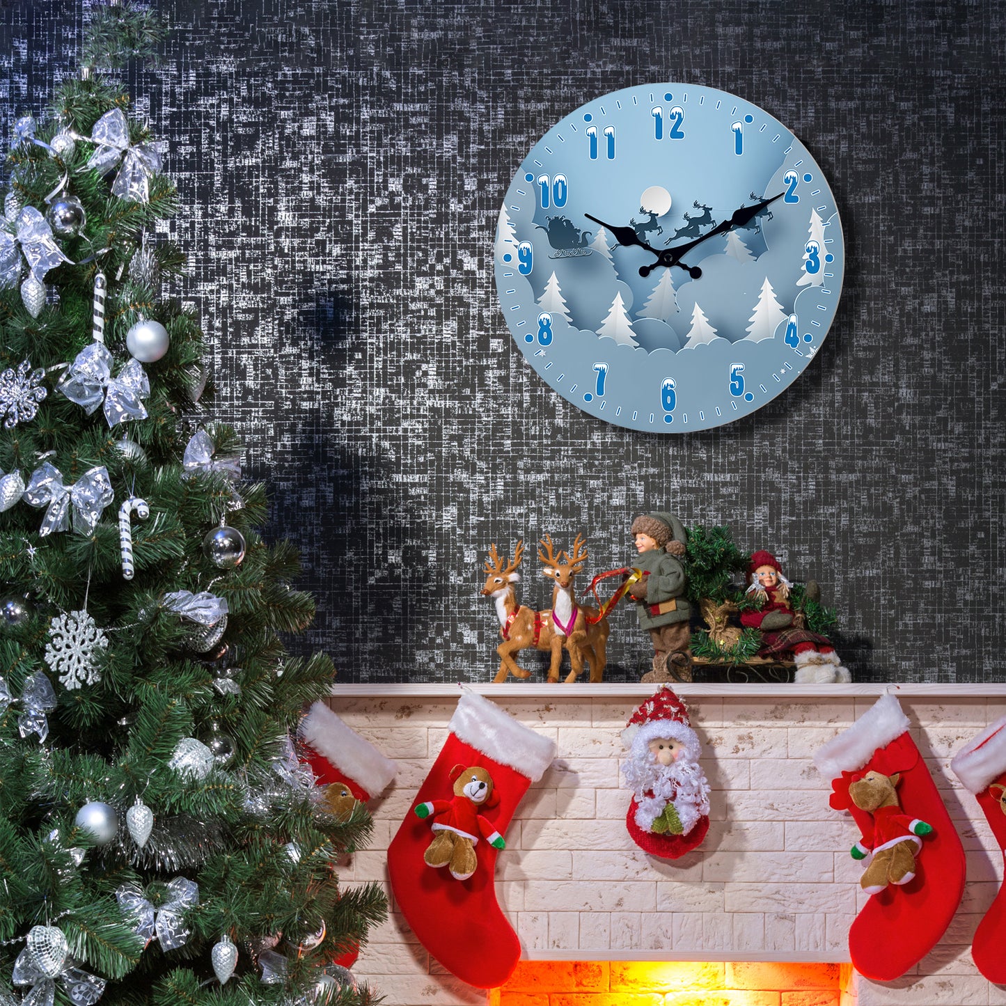 Christmas Snow Scene Reindeer Wall Clock Silent Non-Ticking Battery Operated Christmas Decorations Indoor Home Decor Clearance