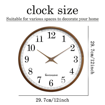 Constantplanet 12-Inch Wooden Frame Wall Clock with Retro Silent Non-Ticking Battery Operated Decorative Clock for Living Room, Bedroom, Kitchen