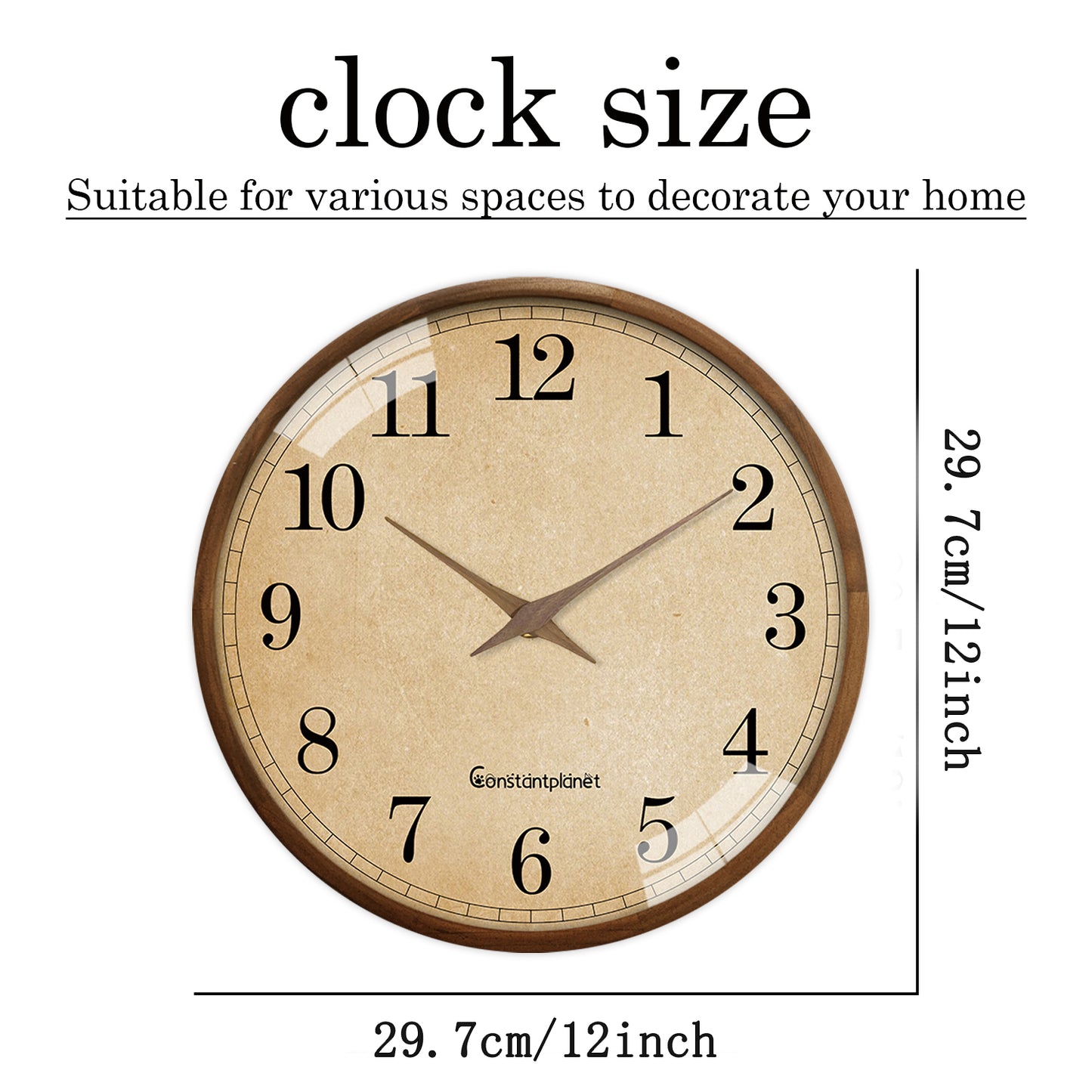 Rustic Solid Wood Wall Clock 12 Inch Silent Non-Ticking Movement Battery Operated Clock for Living Room, Bedroom, Kitchen