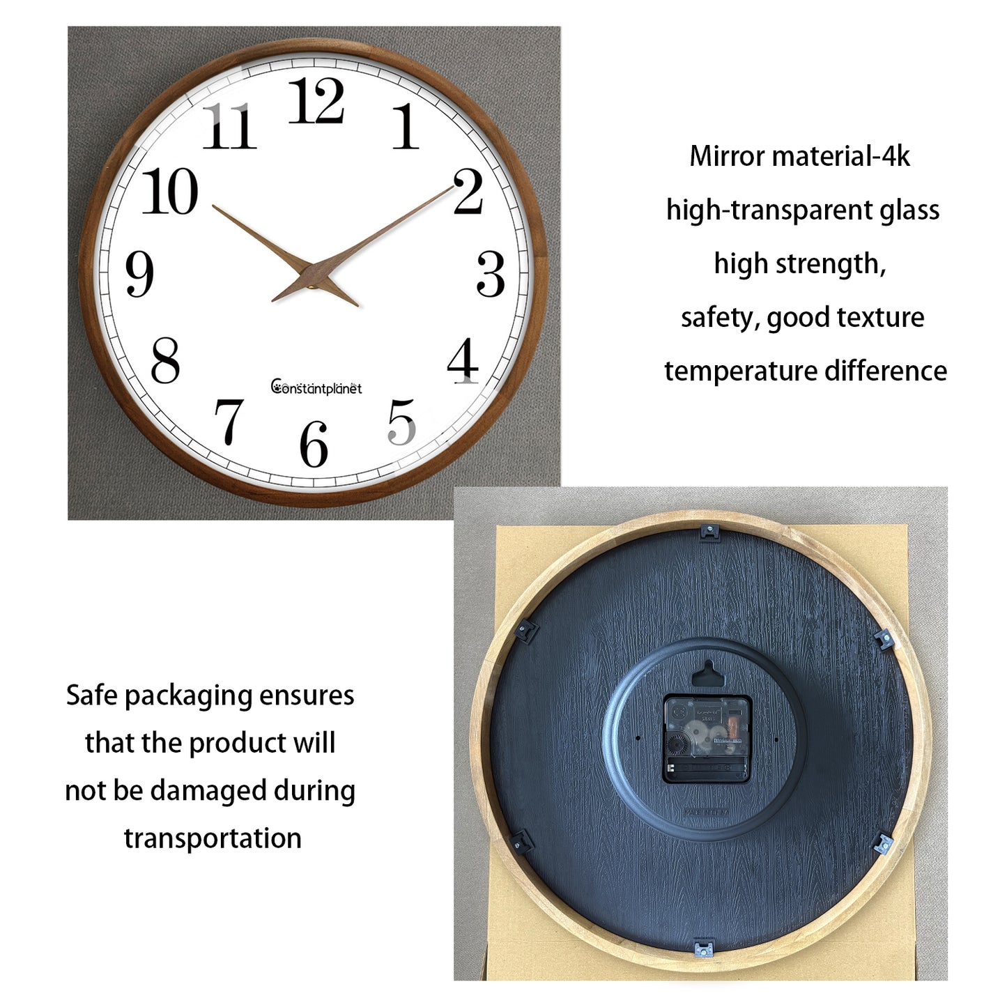 Constantplanet 12-Inch Wooden Frame Wall Clock with Retro Silent Non-Ticking Battery Operated Decorative Clock for Living Room, Bedroom, Kitchen