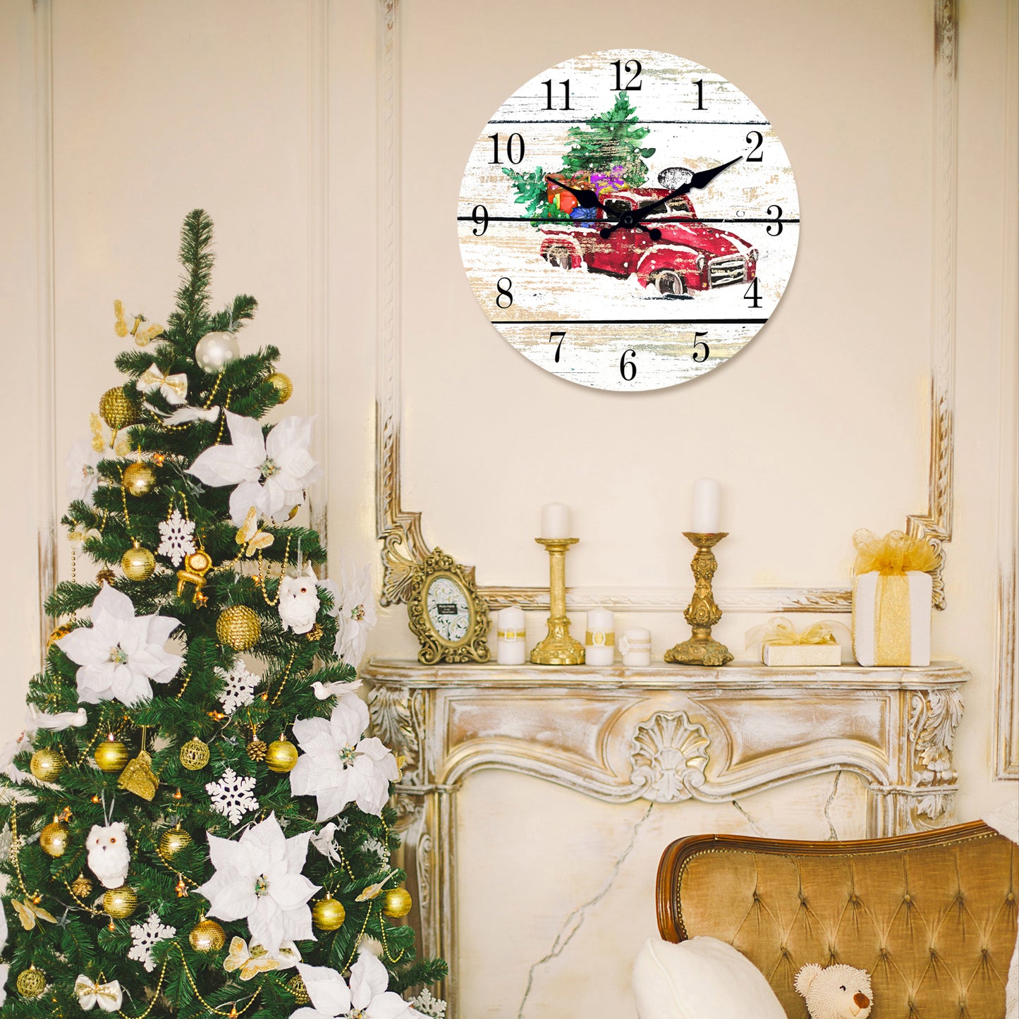 Farmhouse Christmas Wall Clock Retro style Silent Non-Ticking Battery Operated Christmas Decorations Indoor Home Decor Clearance