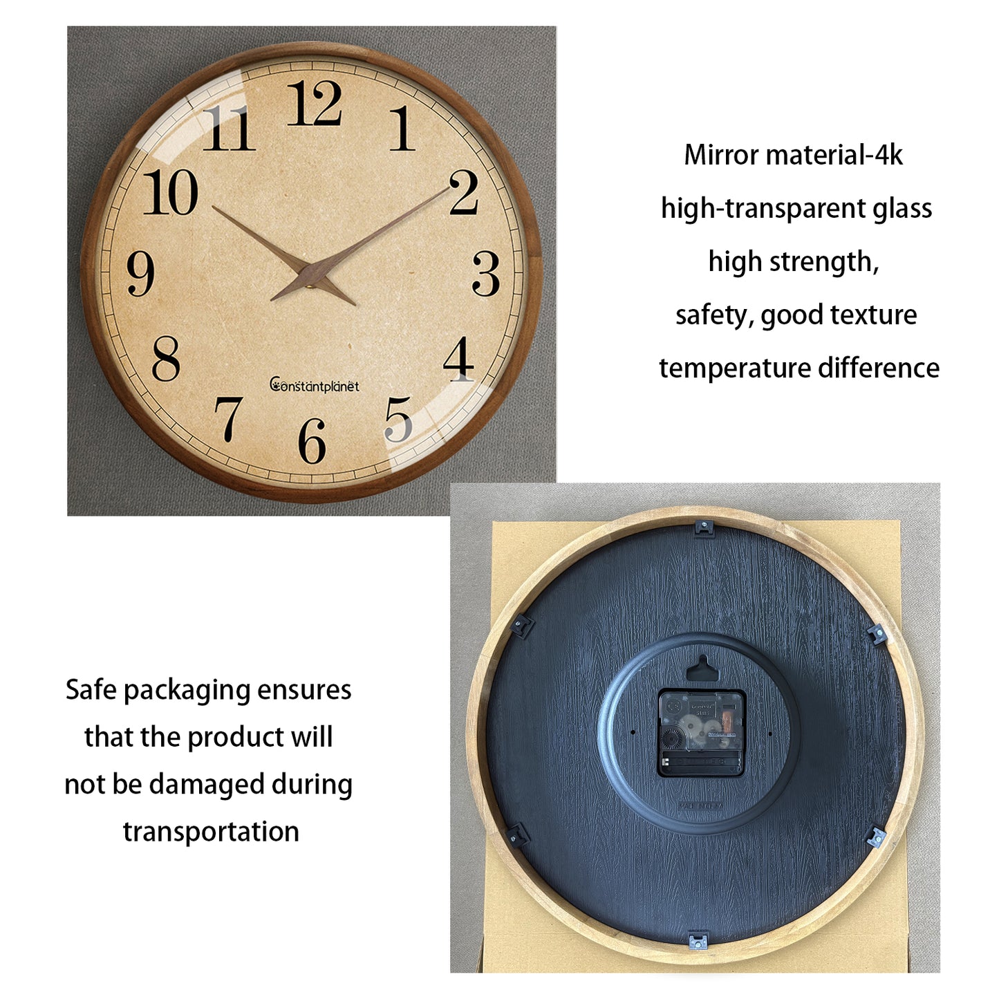 Rustic Solid Wood Wall Clock 12 Inch Silent Non-Ticking Movement Battery Operated Clock for Living Room, Bedroom, Kitchen