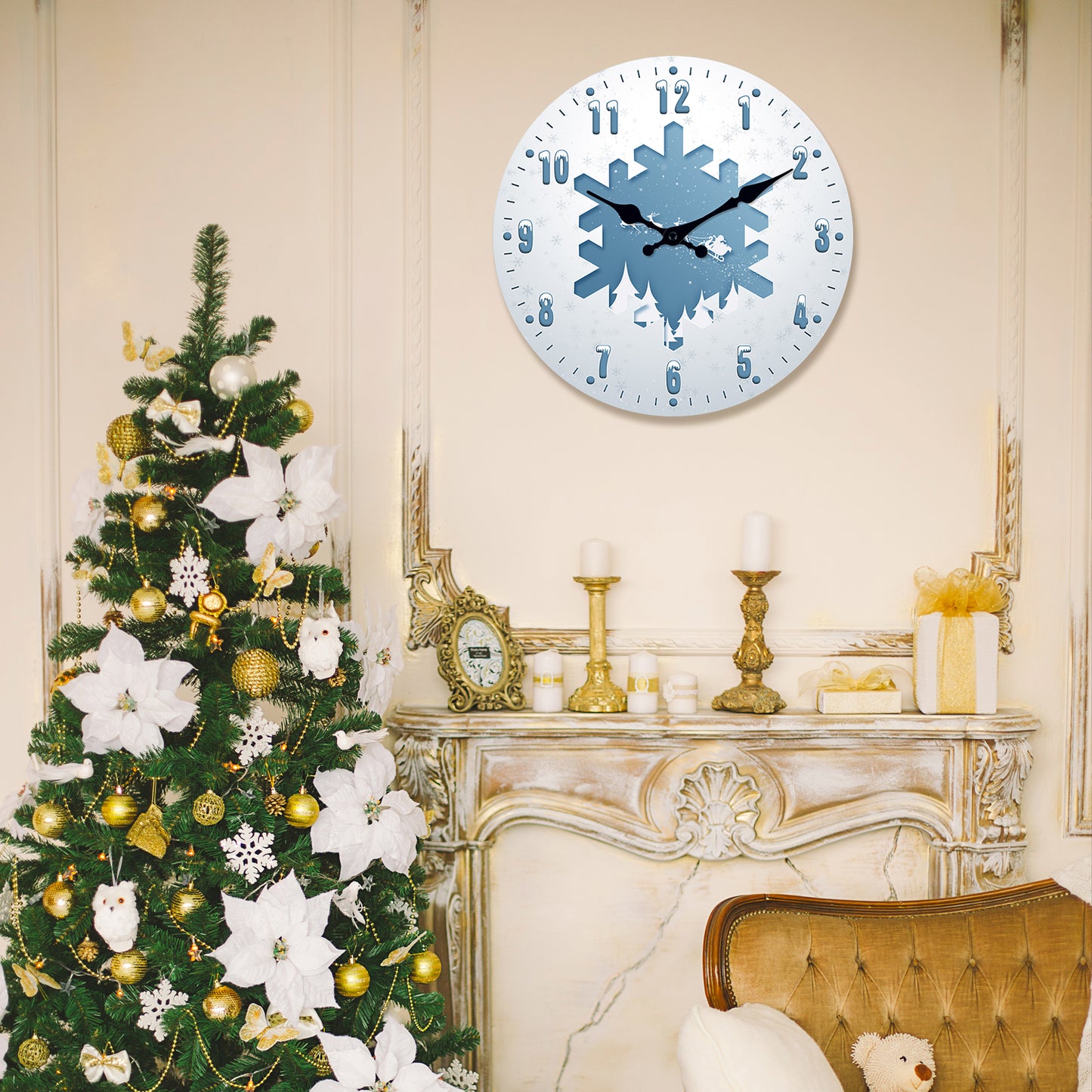 Snow Scene Reindeer  Christmas Wall Clock Silent Non-Ticking Battery Operated Christmas Decorations Indoor Home Decor Clearance