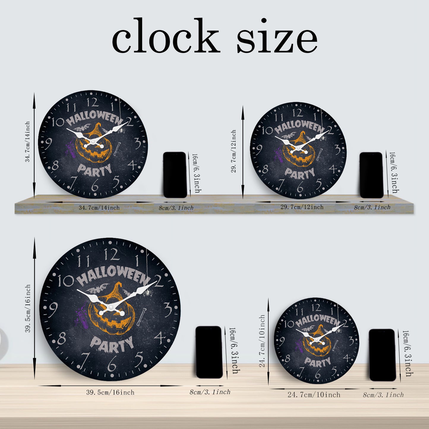 Halloween Wall Clock Pumpkin Party Decoration Clock Silent Non Ticking Battery Operated for Bedroom Kitchen Living Room School