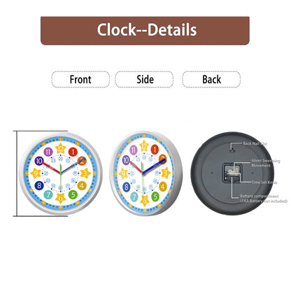 Learning Wall Clock 8 Inch –Time Teaching Non-Ticking Battery Operated Wall Clock for Classroom, Bedroom, School