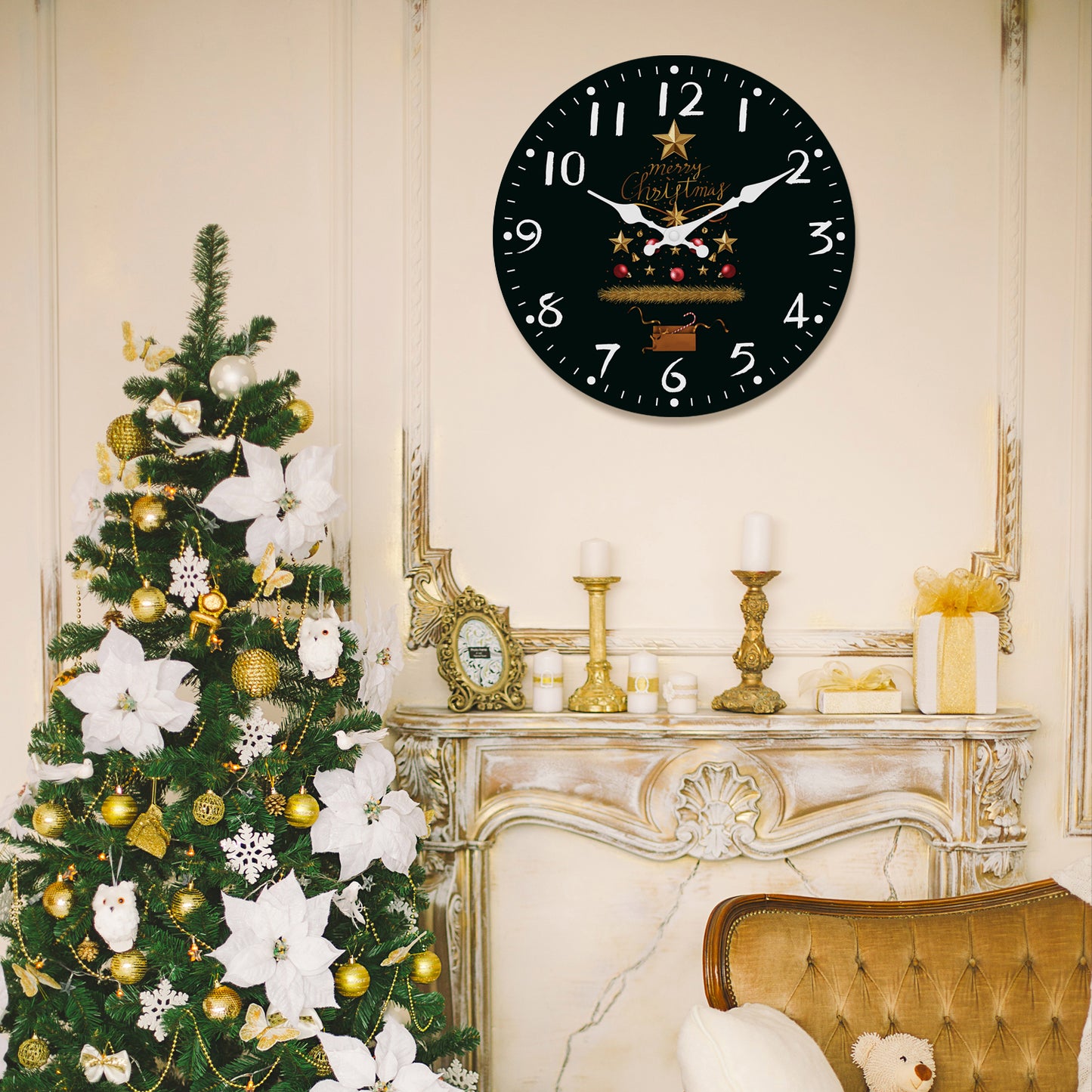 Christmas Tree Wall Clock Silent Non-Ticking Battery Operated Christmas Decorations Indoor Home Decor Clearance