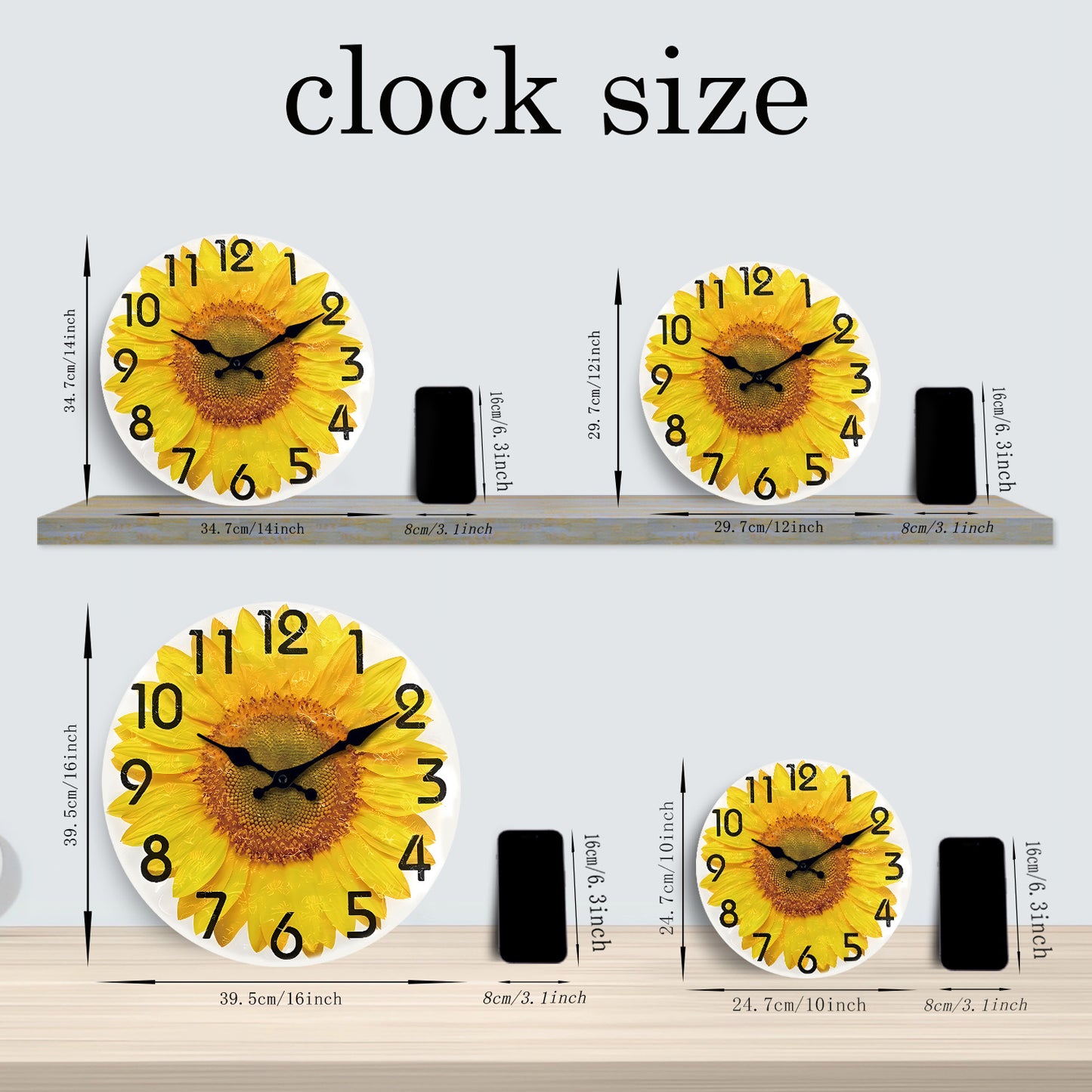 Sunflower Farmhouse Wall Clocks Battery Operated 10 Inch Silent Non Ticking Rustic Wall Clock