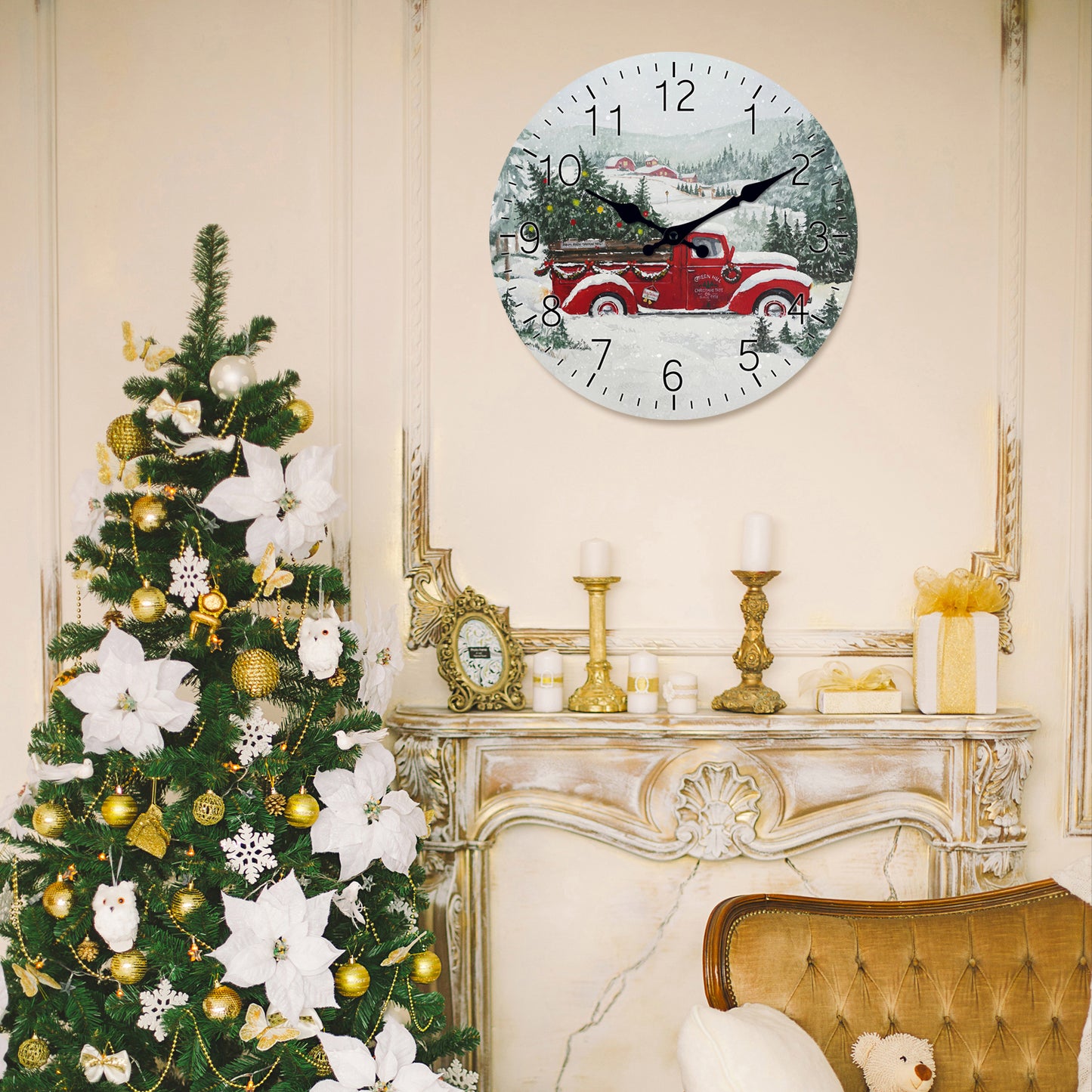 Farmhouse Christmas Wall Clock Silent Non-Ticking Battery Operated Christmas Decorations Indoor Home Decor Clearance