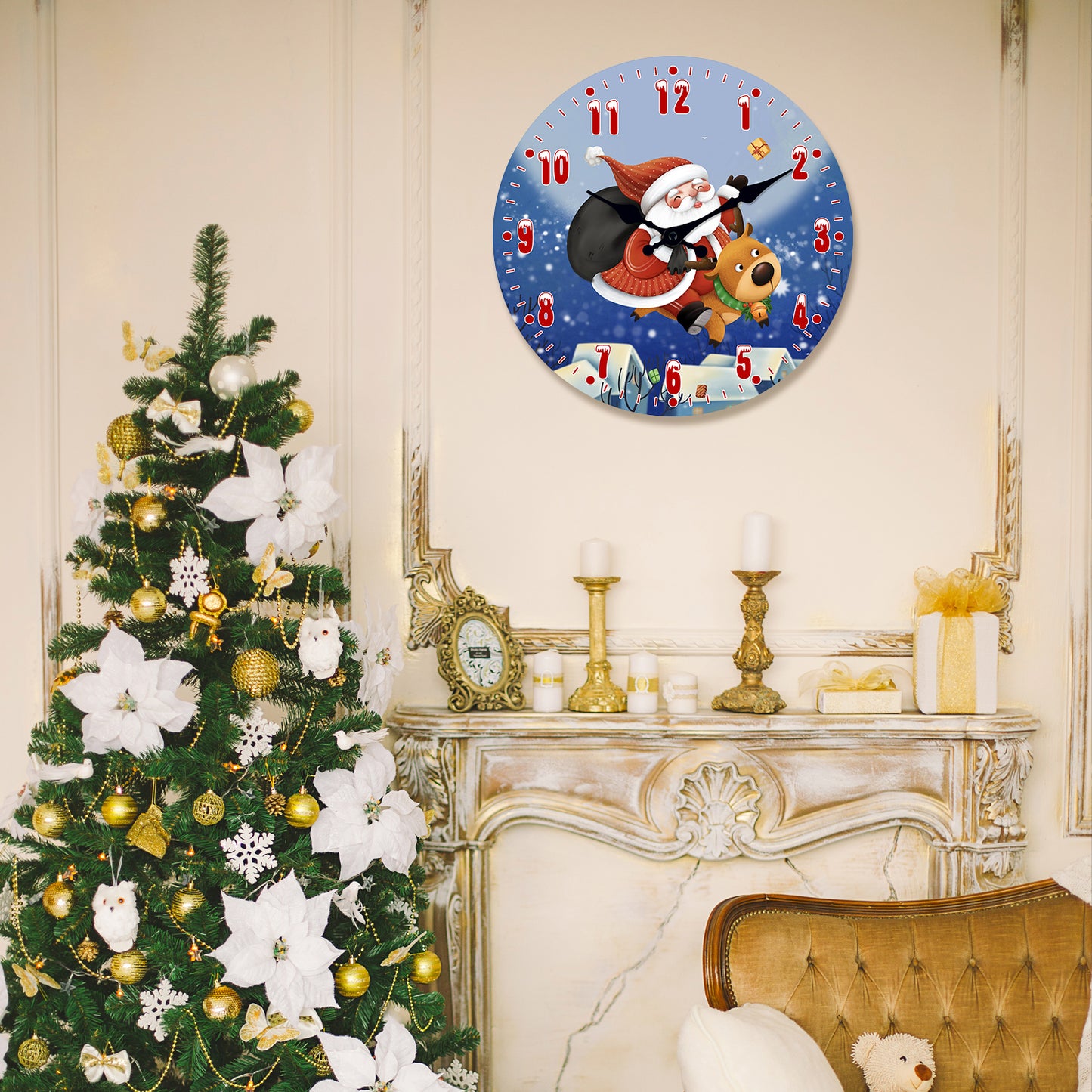 Christmas Santa Claus Wall Clock Silent Non-Ticking Battery Operated Christmas Decorations Indoor Home Decor Clearance