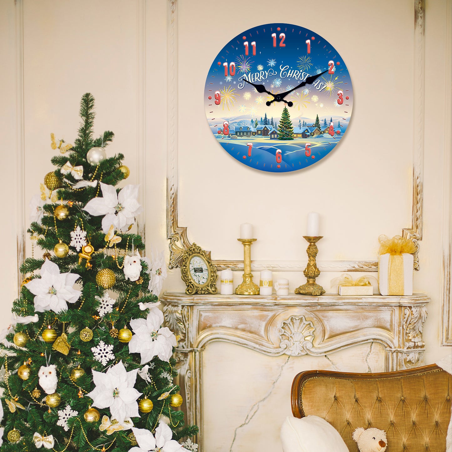 Merry Christmas Wall Clock Silent Non-Ticking Battery Operated Christmas Decorations Indoor Home Decor Clearance