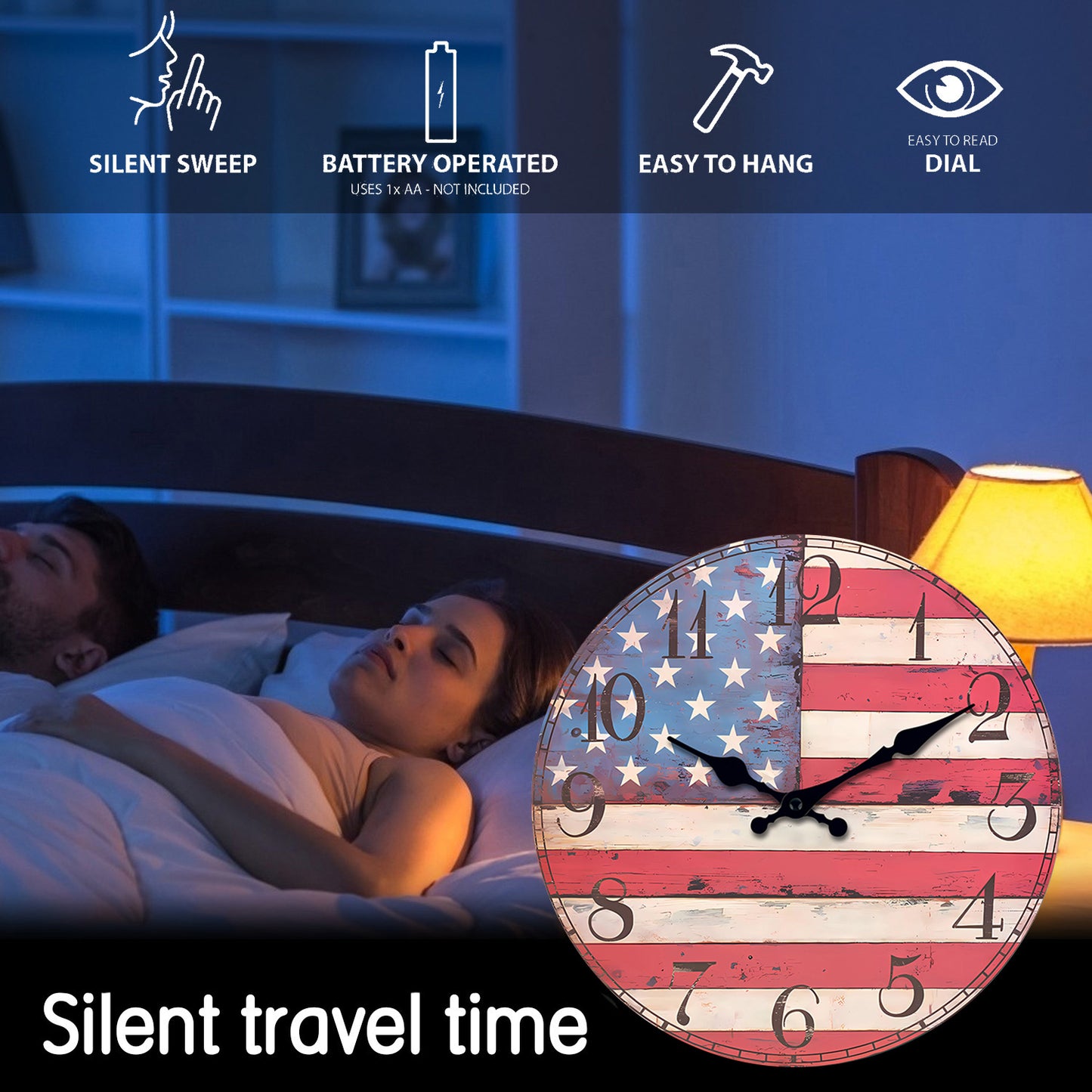 Orologio da parete con bandiere americane, 14 pollici, a batteria, senza ticchettio, grande, facile da leggere, per ufficio, aula, scuola, casa, cucina