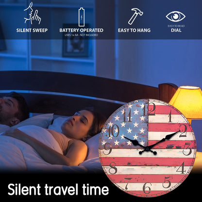 Orologio da parete con bandiere americane, 14 pollici, a batteria, senza ticchettio, grande, facile da leggere, per ufficio, aula, scuola, casa, cucina