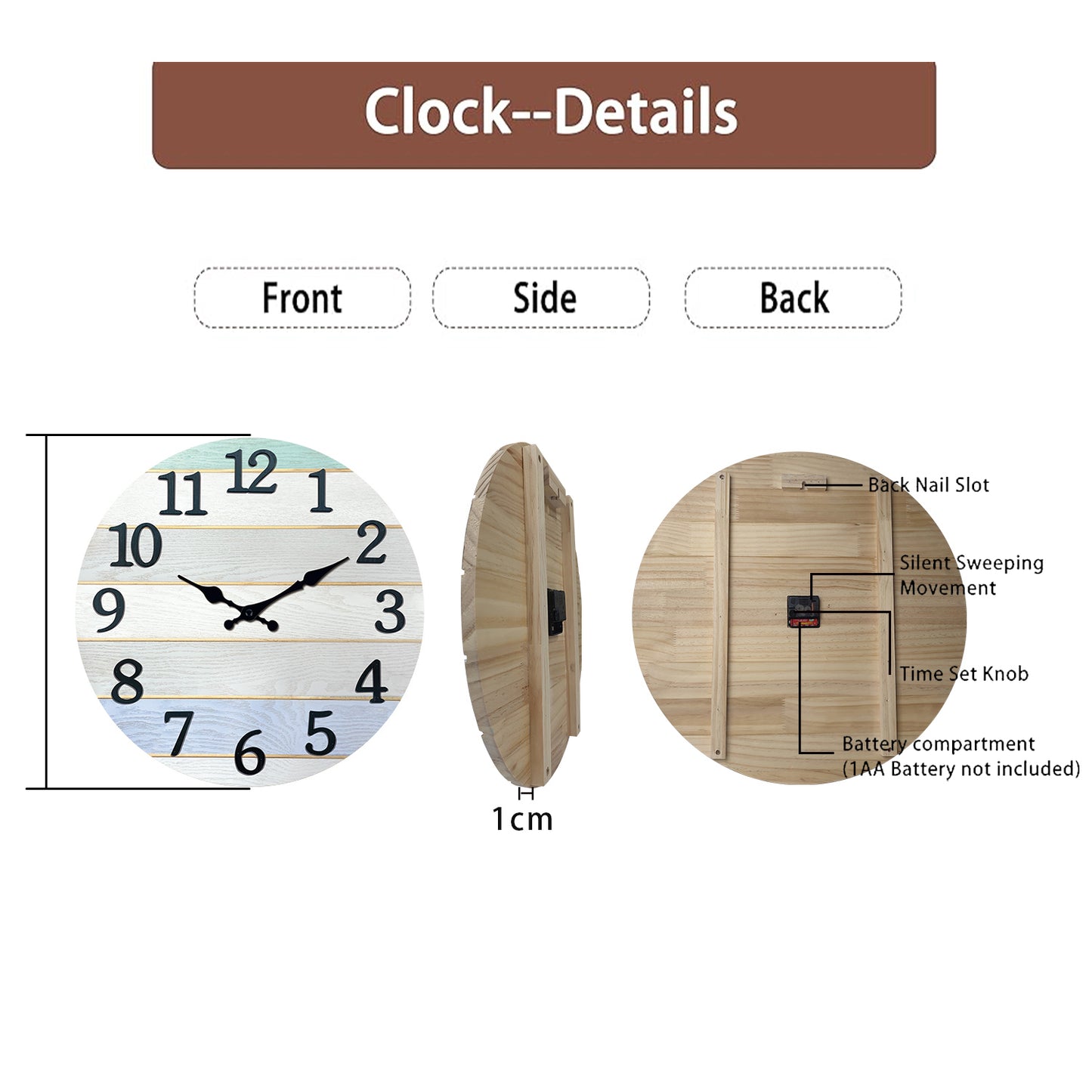 Constantplanet Wooden Wall Clock Silent Non-Ticking Movement Battery Operated Decorative Clock for Living Room, Bedroom, Kitchen