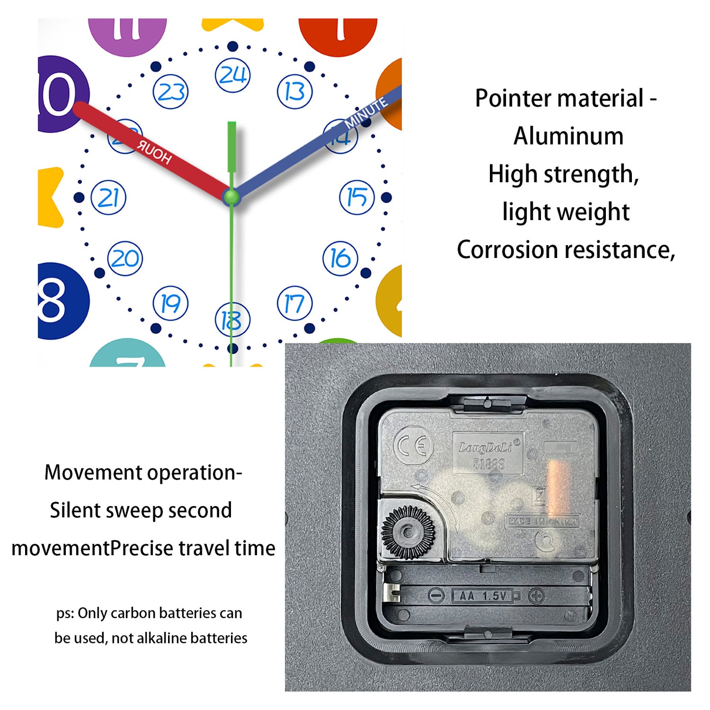 Learning Wall Clock 8 Inch –Time Teaching Non-Ticking Battery Operated Wall Clock for Classroom, Bedroom, School