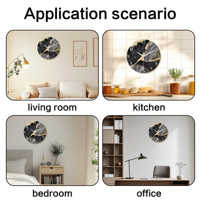 Black And Gold Tempered Glass Wall  Clock Silent Wall Clock Non-Ticking Battery Operated Living Room Wall Clock