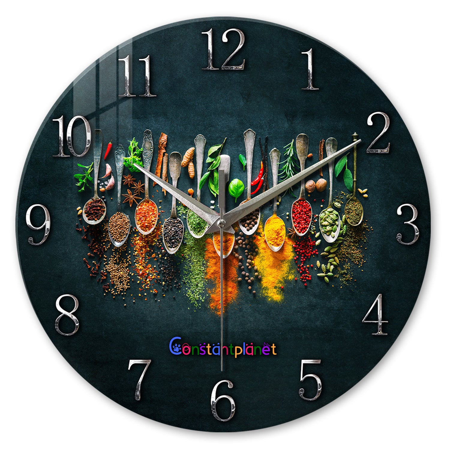 Colorful Herbs And Spices Glass Wall Battery OperatedClock Non-Ticking Decorative