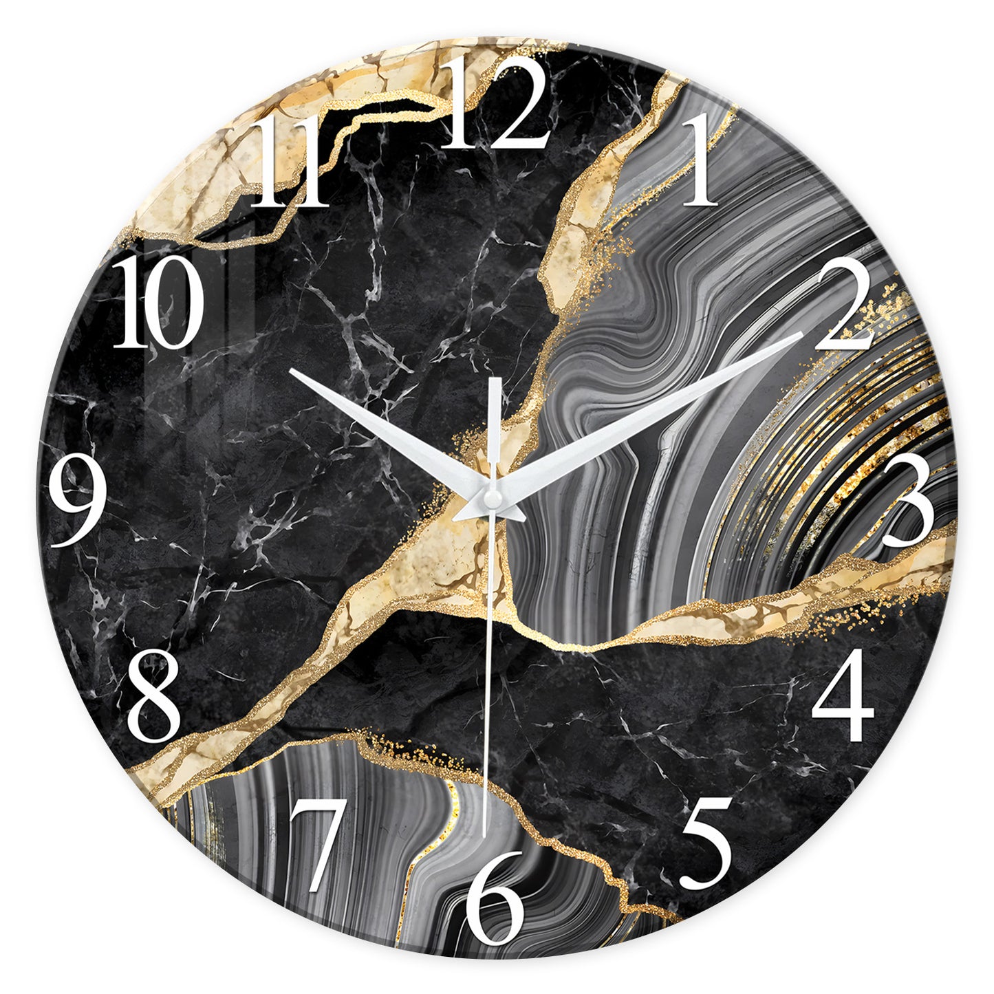 Black And Gold Tempered Glass Wall  Clock Silent Wall Clock Non-Ticking Battery Operated Living Room Wall Clock
