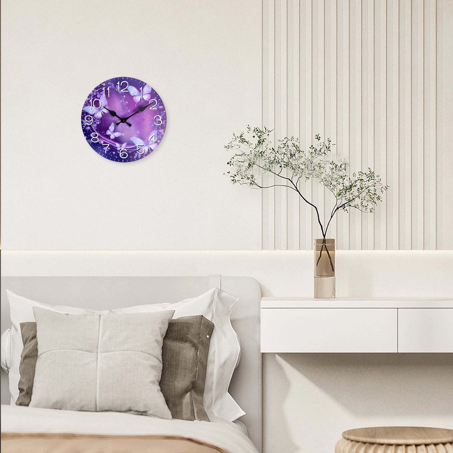 Purple Flower Vine Butterfly Flying MDF Wall Clock Battery Operated Non-ticking