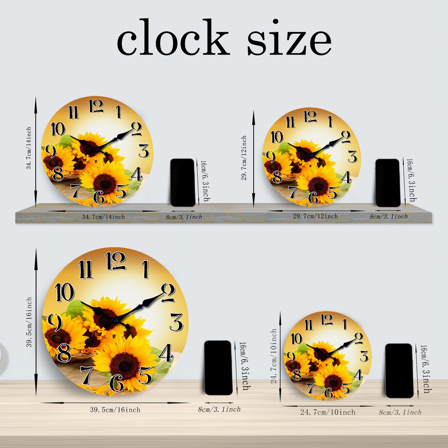 Sunflower Clock for Kitchen Wall Clock – Silent Non Ticking Rustic Farmhouse Style Wall Clock
