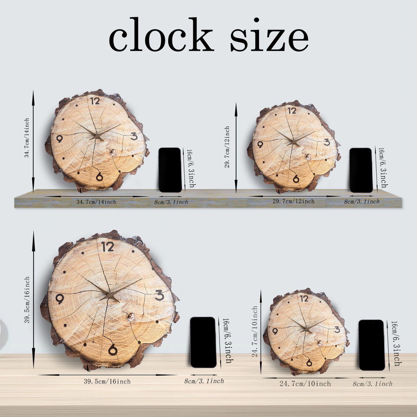 16-Inch Wooden Ring Veneer Wall Clock Silent Non-ticking Battery Operated for Living Room