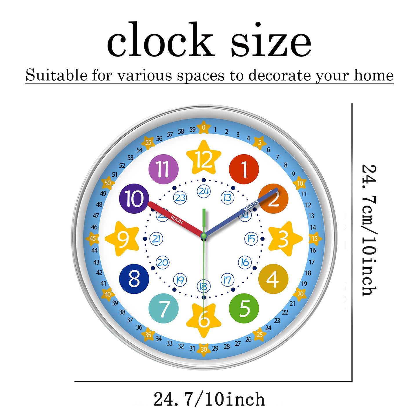 Learning Wall Clock 8 Inch –Time Teaching Non-Ticking Battery Operated Wall Clock for Classroom, Bedroom, School