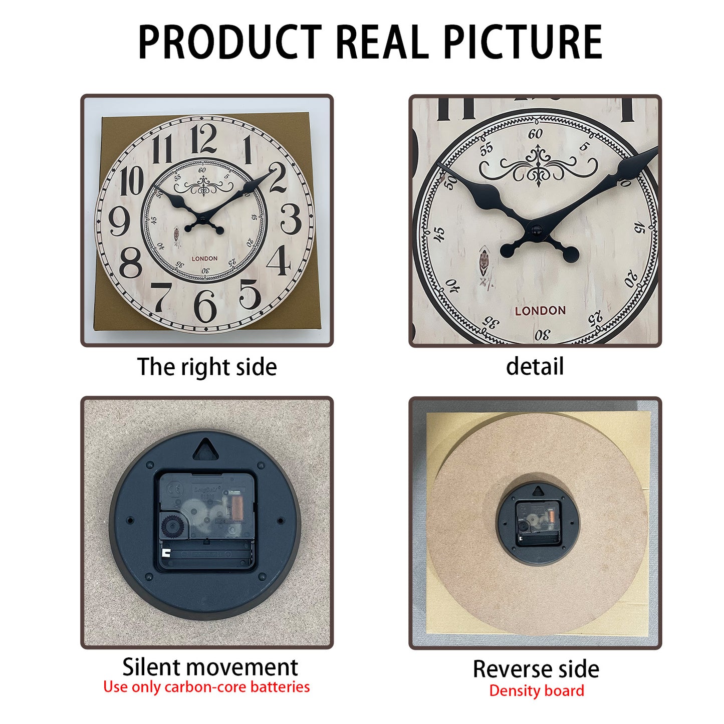 Vintage London Wooden Wall Clock Silent Non-ticking Battery Operated for Living Room