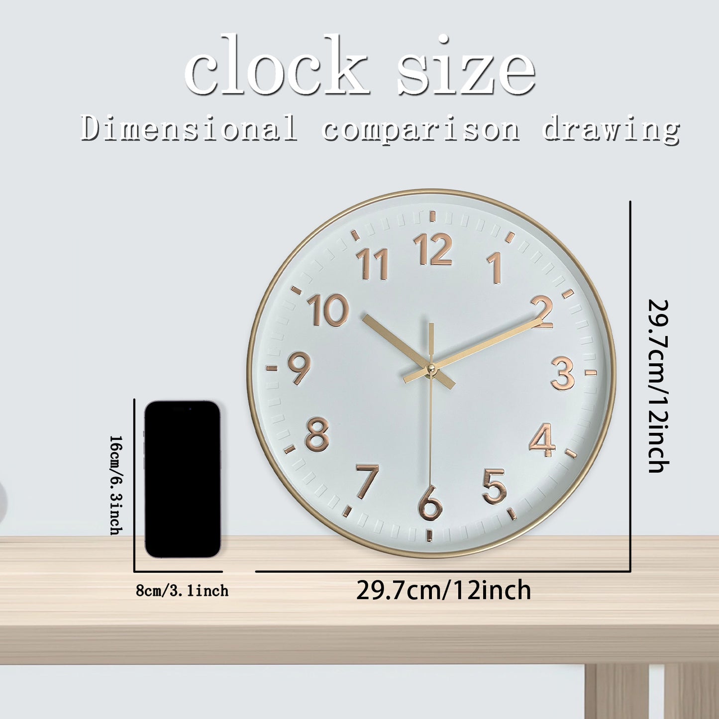 12 Inch Modern Rose Gold Wall Clock  Silent Non-Ticking Battery Operated Analog Wall Clock